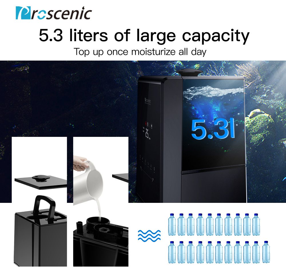 Proscenic 808C Smart Air Humidifiers LED Display App Alexa Google Voice Control 5.3L Large Capacity Warm and Cool Mist Customized Humidity Levels Mist Adjustment for Home Bedroom Office - Black