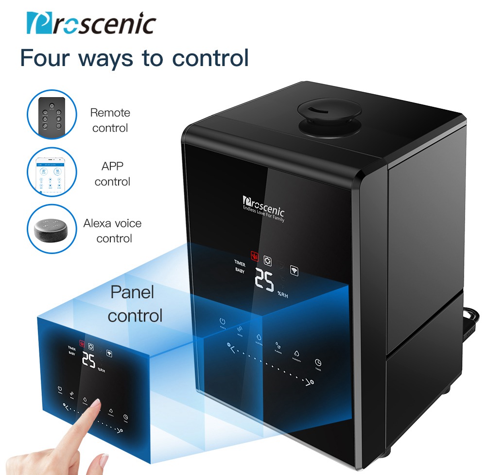 Proscenic 808C Smart Air Humidifiers LED Display App Alexa Google Voice Control 5.3L Large Capacity Warm and Cool Mist Customized Humidity Levels Mist Adjustment for Home Bedroom Office - Black