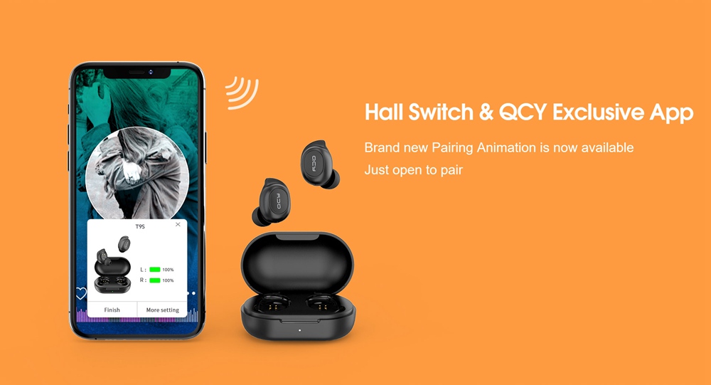 QCY T9S TWS Bluetooth 5.0 Earphones Low Latency App Control In Ear Detection - Black