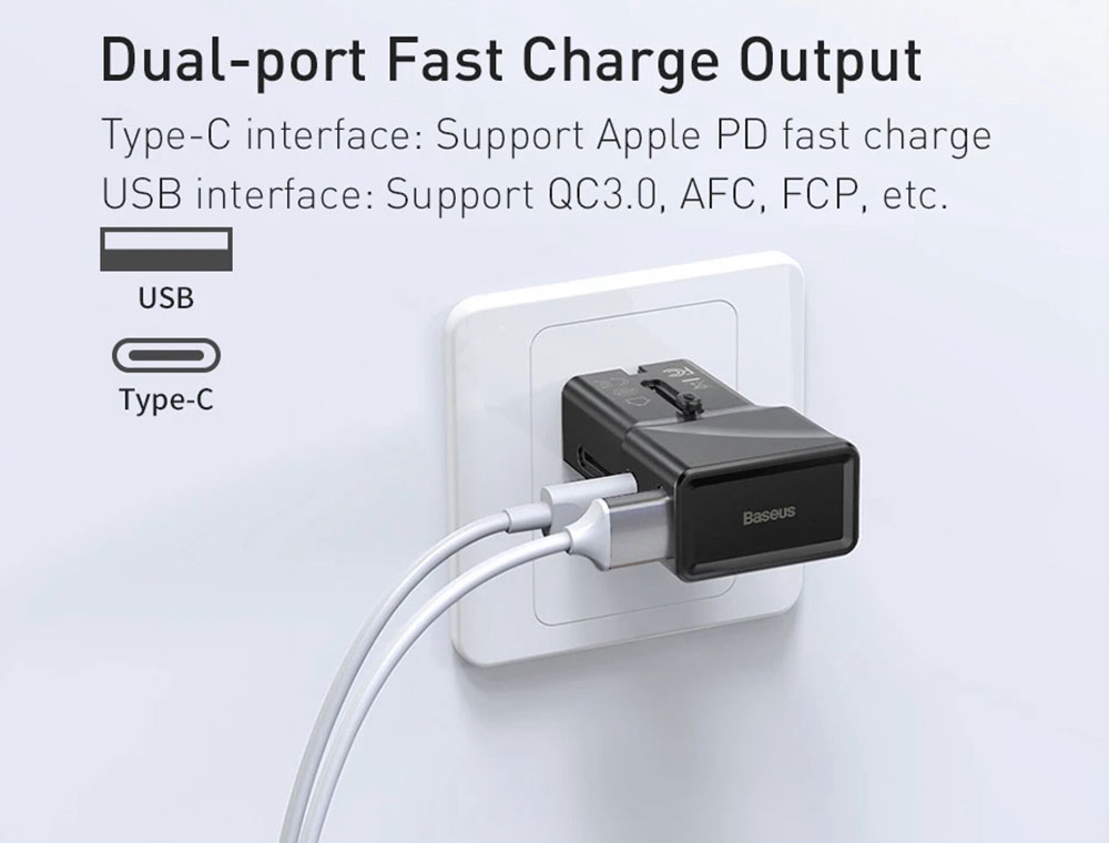 Baseus 18W C+U Adapter Conversion Charger 2-Port PPS PD 3.0 QC 3.0 Fast Charger USB-C USB International Plug -White
