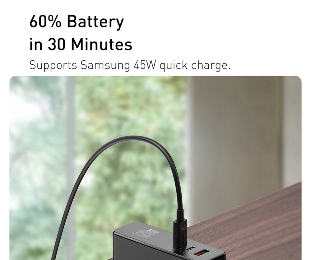 Baseus GaN +SiC Tech Mini Quick Charger C+C+A 120W with 1m Type-C to Type-C 100W Fast Charging Cable US Plug - Black
