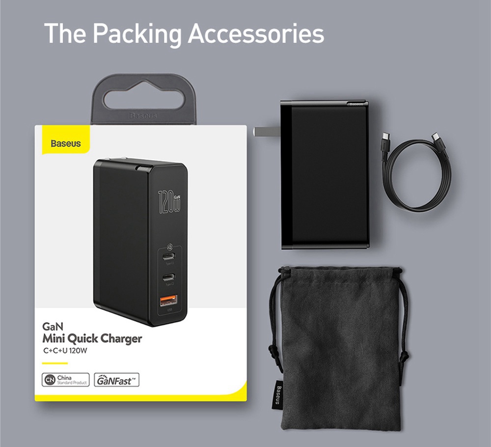 Baseus GaN +SiC Tech Mini Quick Charger C+C+A 120W with 1m Type-C to Type-C 100W Fast Charging Cable US Plug - Black