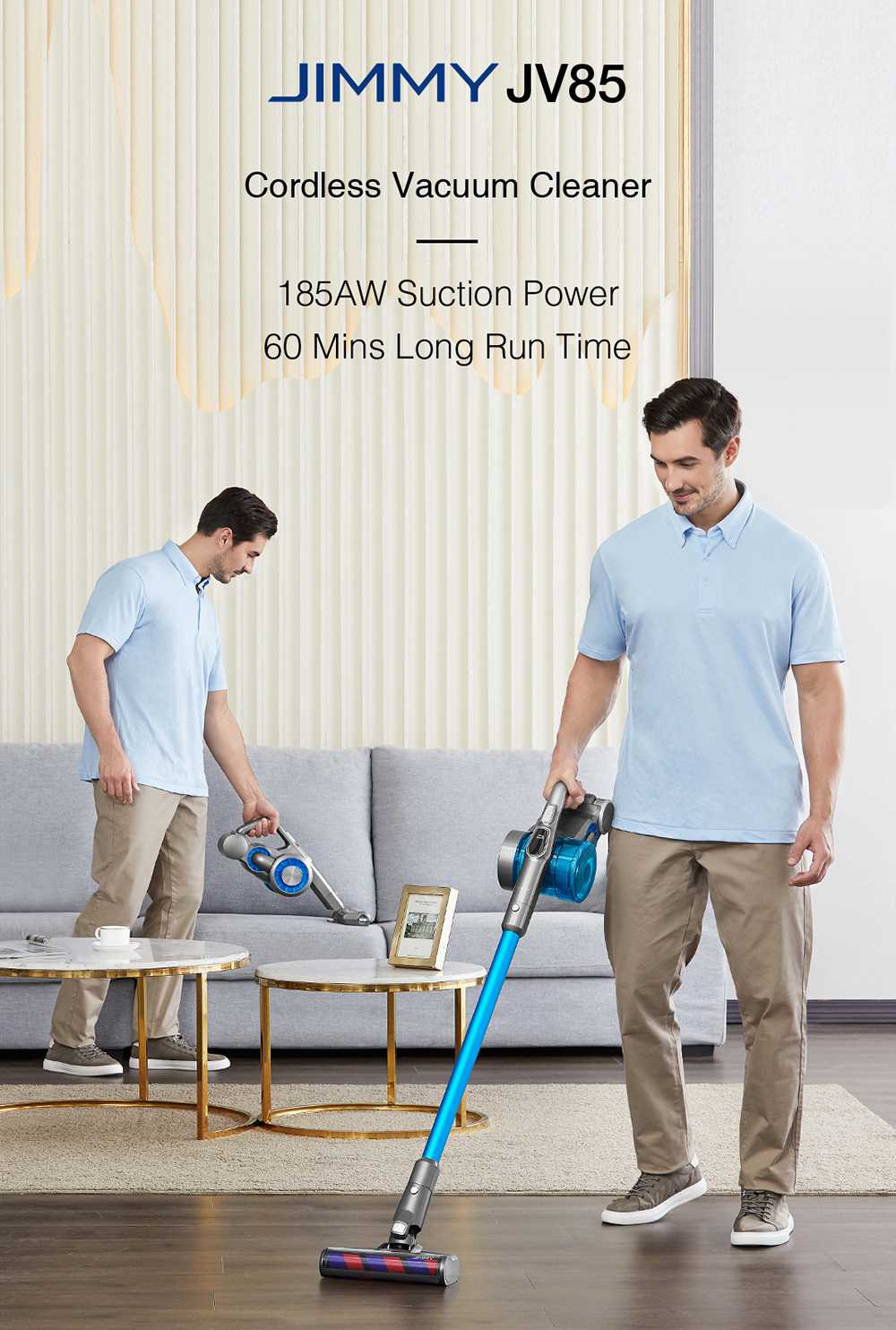 JIMMY JV85 Smart Cordless Handheld Vacuum Cleaner 23000Pa Suction 500W Brushless Motor 60 Minutes Running Time LED Display Global Version - Blue