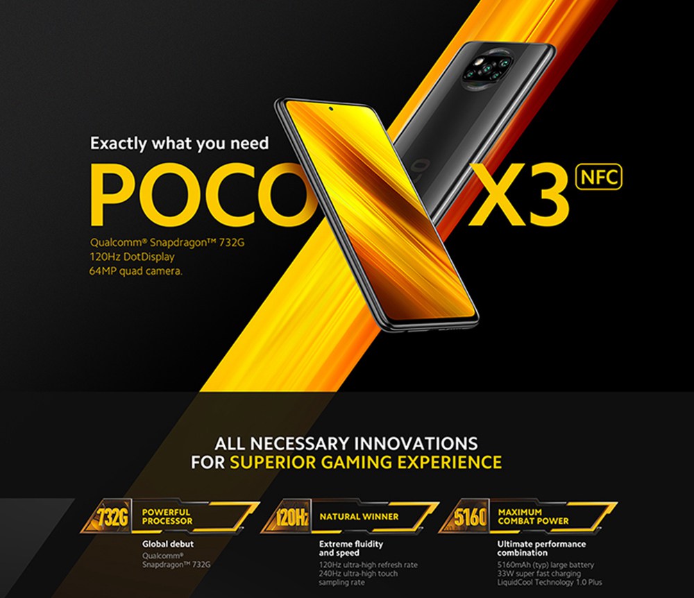 Xiaomi POCO X3 Global Version 4G Smartphone 6.67 Inch Screen Snapdragon 732G 6GB RAM 64GB ROM 64MP AI Quad Camera 5160mAh Battery NFC - Gray