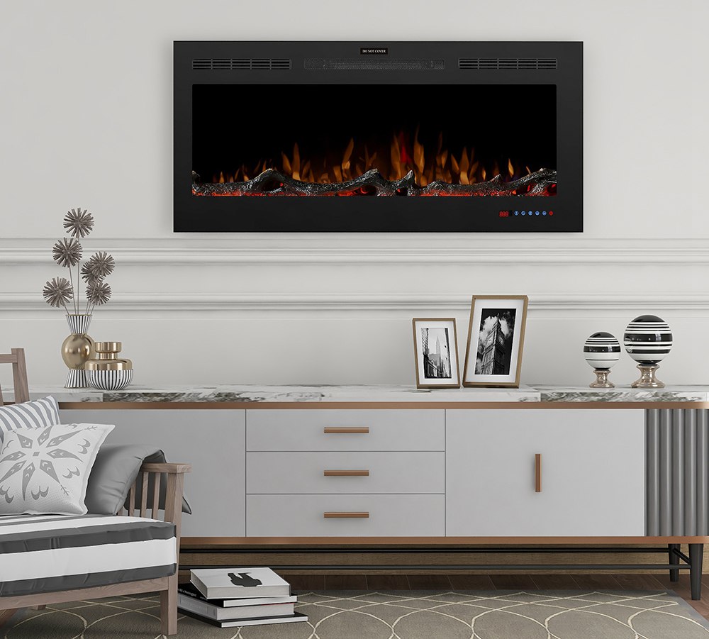 50 inch Wall Mounted Electric Fireplace Light Modulator Two Heating Modes Three Flame Effects Remote Touch Screen Control With Timer For Bedroom Office - Black