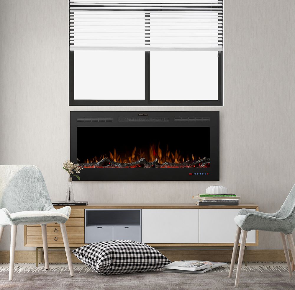 50 inch Wall Mounted Electric Fireplace Light Modulator Two Heating Modes Three Flame Effects Remote Touch Screen Control With Timer For Bedroom Office - Black