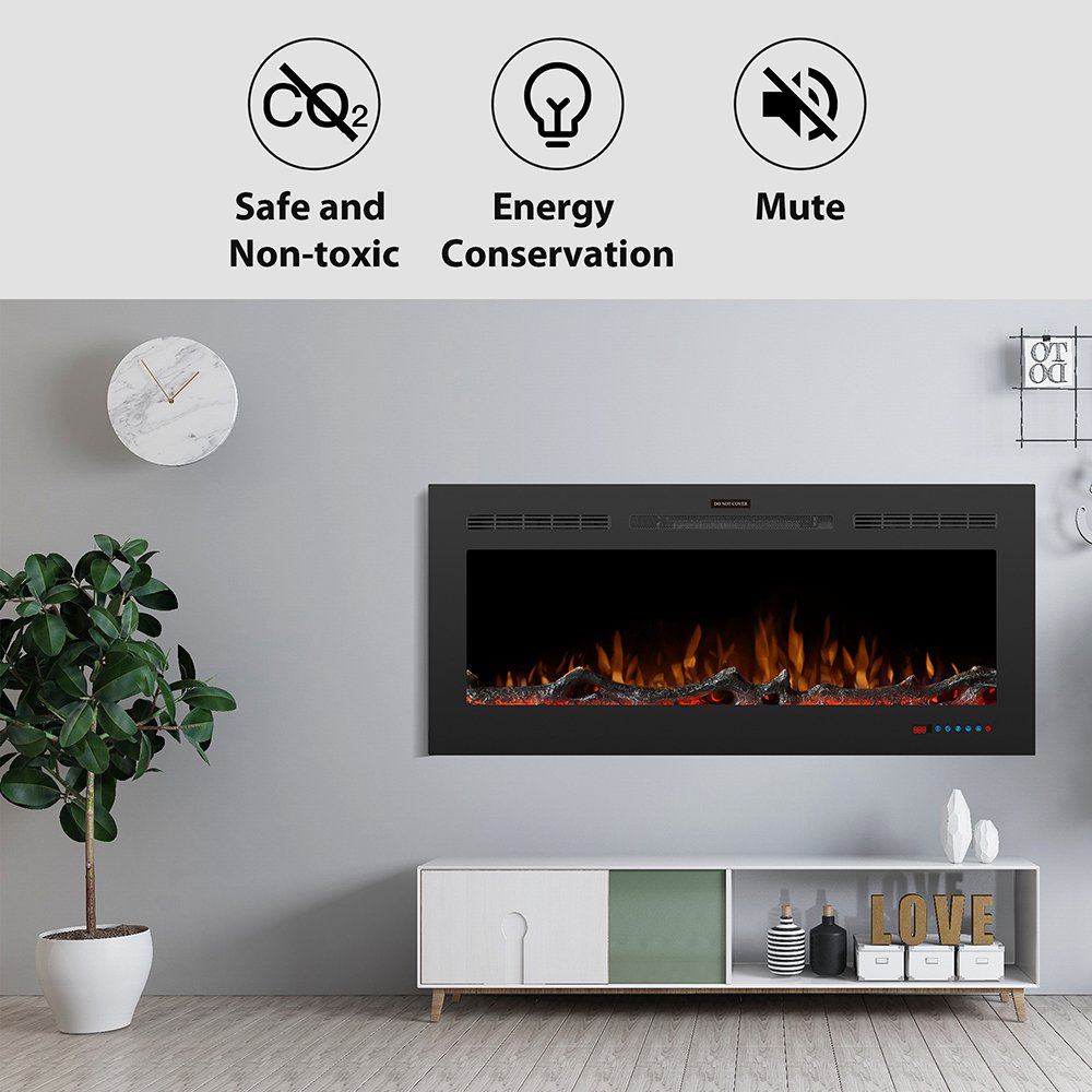 50 inch Wall Mounted Electric Fireplace Light Modulator Two Heating Modes Three Flame Effects Remote Touch Screen Control With Timer For Bedroom Office - Black
