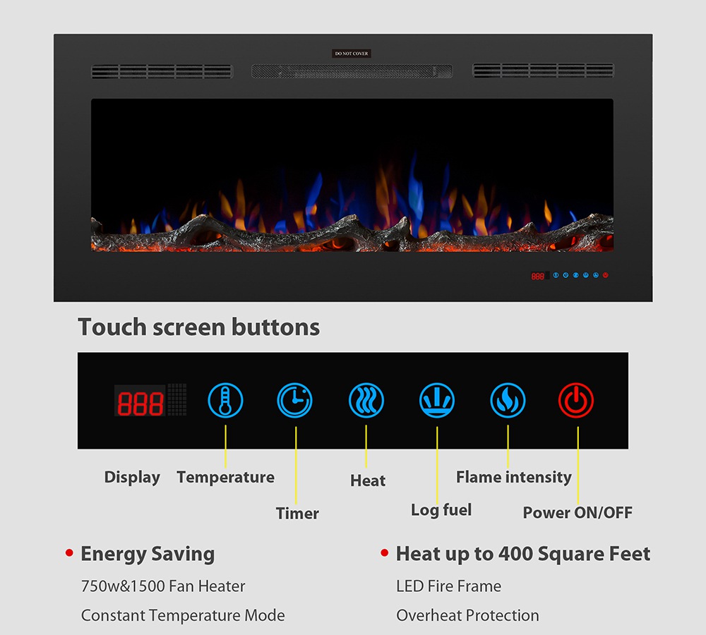 50 inch Wall Mounted Electric Fireplace Light Modulator Two Heating Modes Three Flame Effects Remote Touch Screen Control With Timer For Bedroom Office - Black
