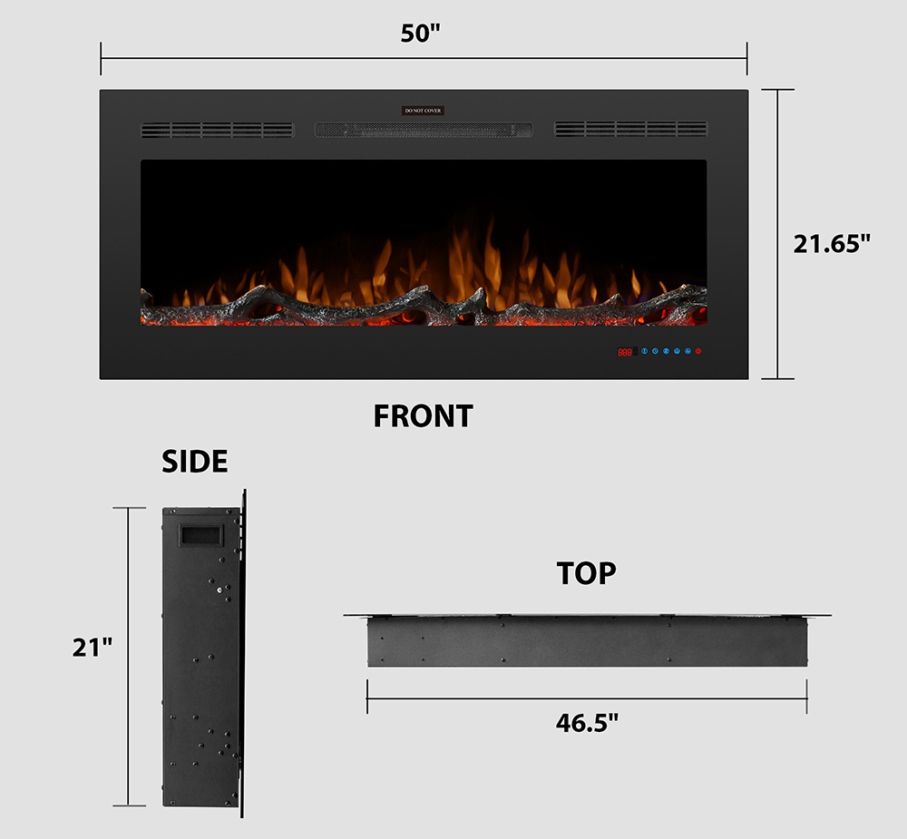 50 inch Wall Mounted Electric Fireplace Light Modulator Two Heating Modes Three Flame Effects Remote Touch Screen Control With Timer For Bedroom Office - Black