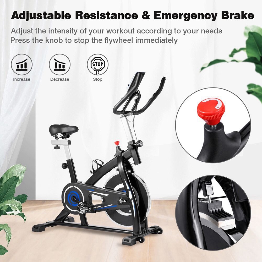 Indoor Cycling Bike with 4-Way Adjustable Handle & Seat, Home Fitness Stationary Aerobic Portable Spinning Bike - Blue Black