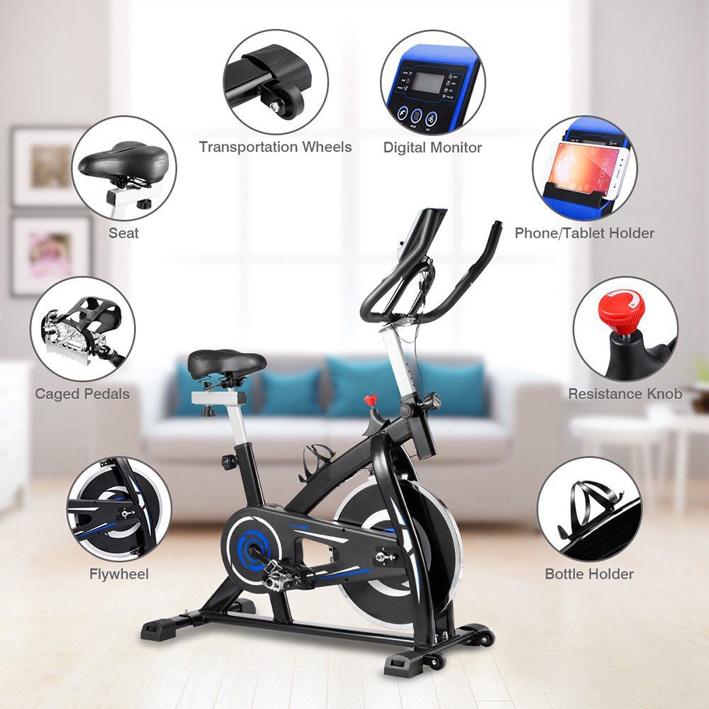 Indoor Cycling Bike with 4-Way Adjustable Handle & Seat, Home Fitness Stationary Aerobic Portable Spinning Bike - Blue Black