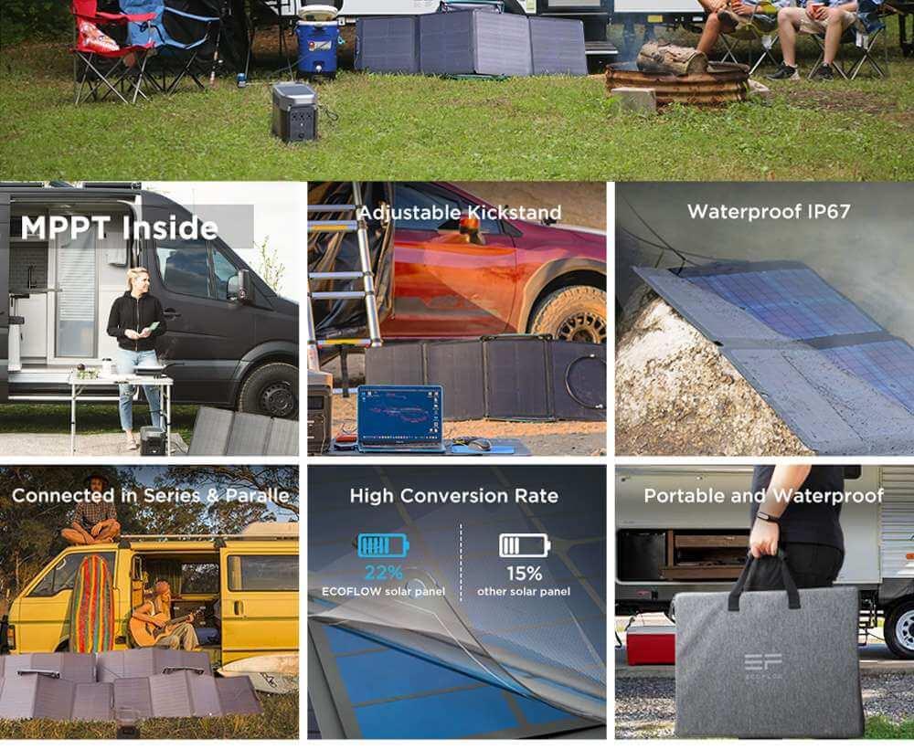 ECOSOLAR 110W Portable Folding Solar Charging Panel Waterproof IP67 For Camping / Climbing / Hiking - Black