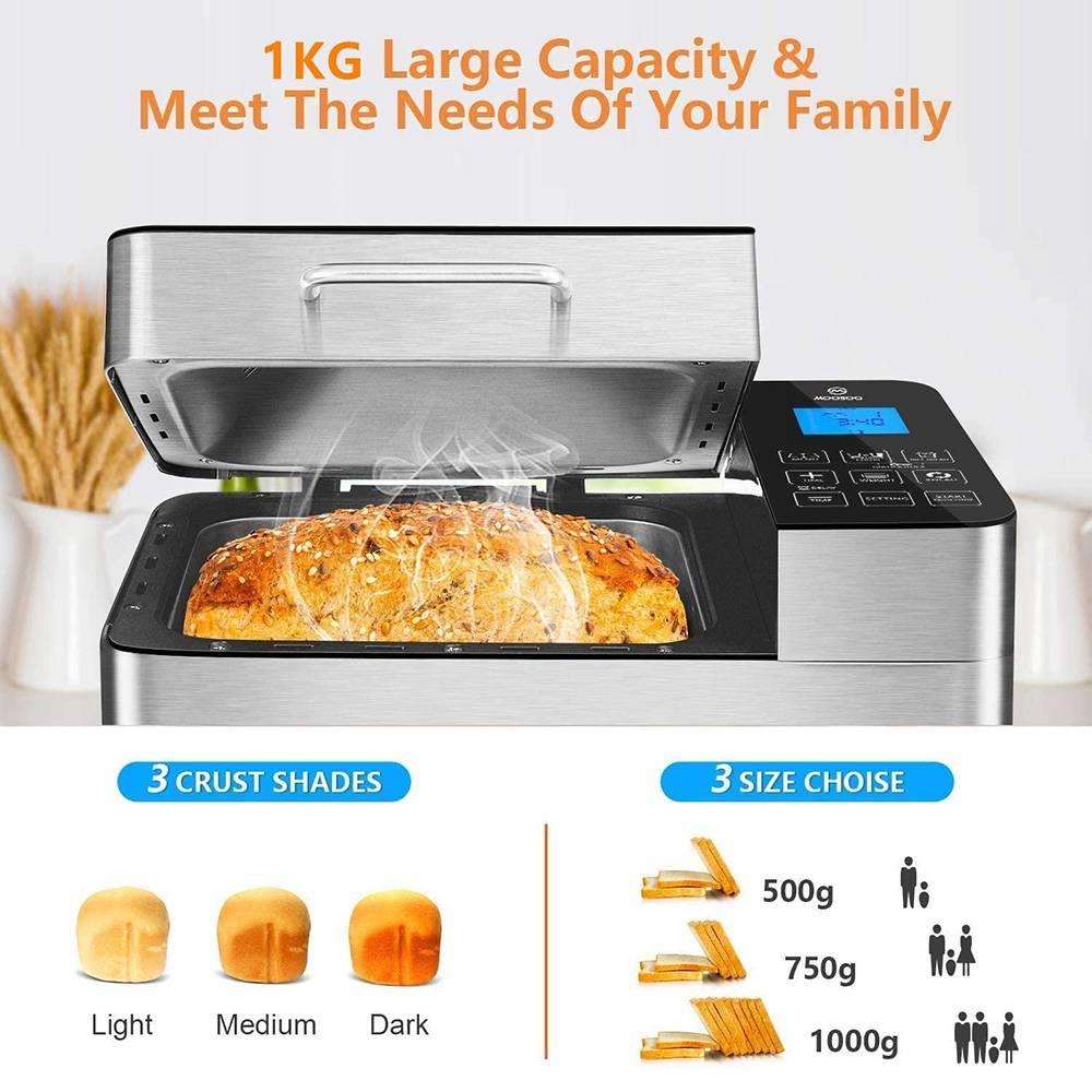 MOOSOO MB30 Stainless Steel Smart Bread Machine 2LB Capacity 600W Power 25 Programs Digital Touch Screen Control Used to Make Whole Wheat Bread, Gluten-Free Bread, Yogurt - Silver