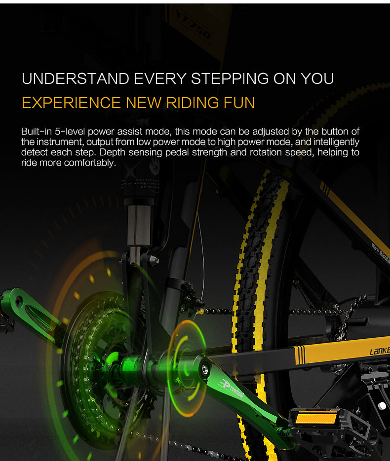 LANKELEISI XT750 Sports Edition Folding Electric Bike Bicycle 48V Panasonic 10.4AH 400W Motor 26x1.95 Tires Aluminum Alloy Frame Hydraulic Disk Brake Shimano 9 Speed Derailleur Max Speed 30km/h 100KM Mileage Range - Black Yellow
