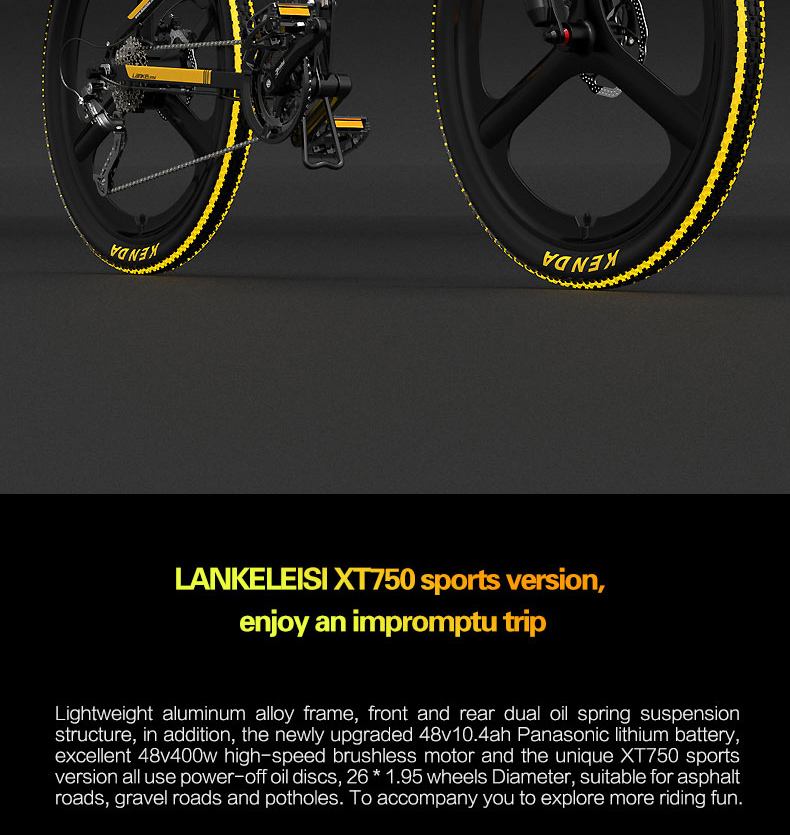 LANKELEISI XT750 Sports Edition Folding Electric Bike Bicycle 48V Panasonic 10.4AH 400W Motor 26x1.95 Tires Aluminum Alloy Frame Hydraulic Disk Brake Shimano 9 Speed Derailleur Max Speed 30km/h 100KM Mileage Range - Black Yellow