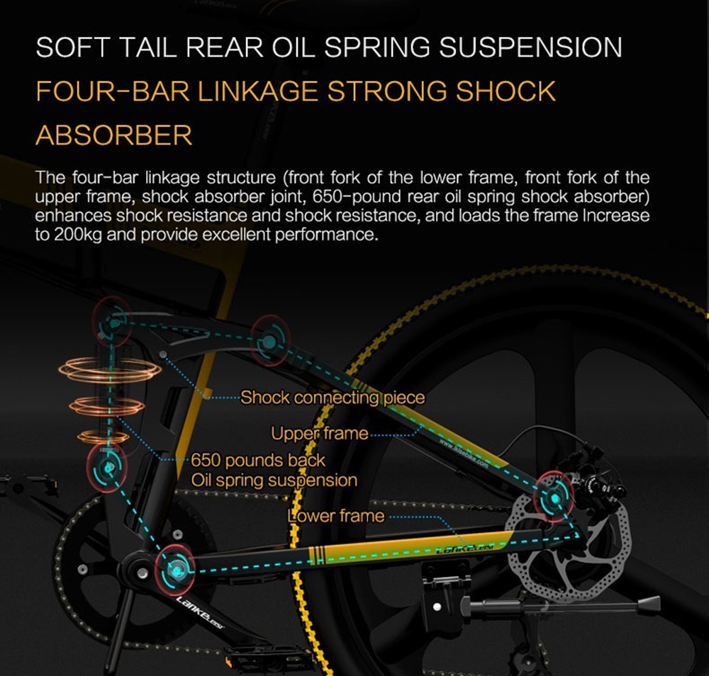 LANKELEISI XT750 Elite Edition Folding Electric Bike Bicycle 48V 10.4AH 400W 26x1.95 Tires Aluminum Alloy Frame Max Speed 30km/h Shimano 7 Speed Derailleur 100KM Mileage Range - Black Yellow