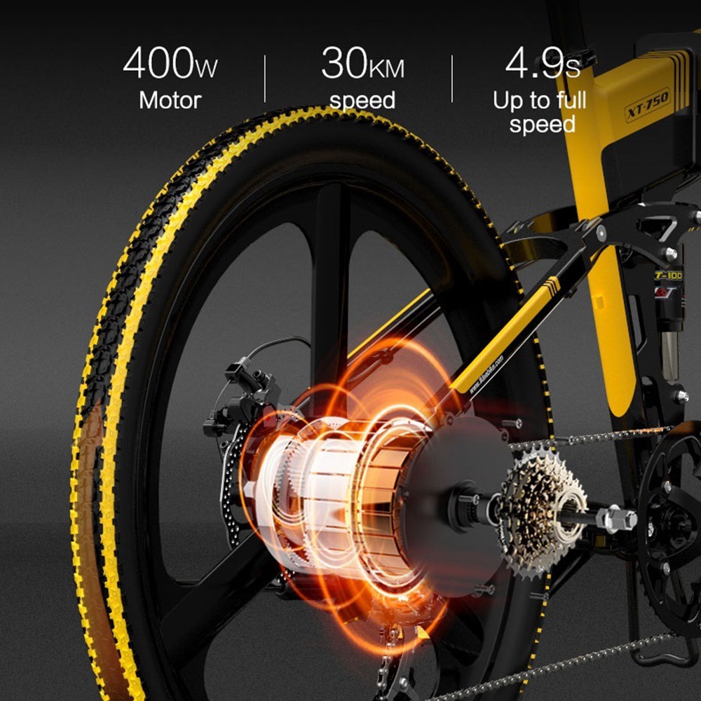 LANKELEISI XT750 Elite Edition Folding Electric Bike Bicycle 48V 10.4AH 400W 26x1.95 Tires Aluminum Alloy Frame Max Speed 30km/h Shimano 7 Speed Derailleur 100KM Mileage Range - Black Yellow