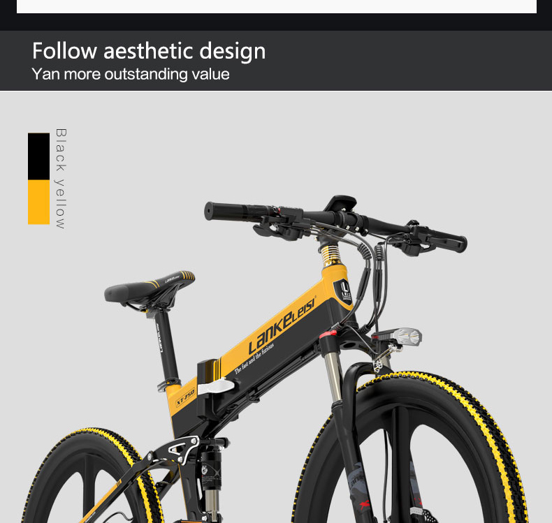 LANKELEISI XT750 Sports Edition Folding Electric Bike Bicycle 48V Panasonic 10.4AH 400W Motor 26x1.95 Tires Aluminum Alloy Frame Hydraulic Disk Brake Shimano 9 Speed Derailleur Max Speed 30km/h 100KM Mileage Range - Black Yellow