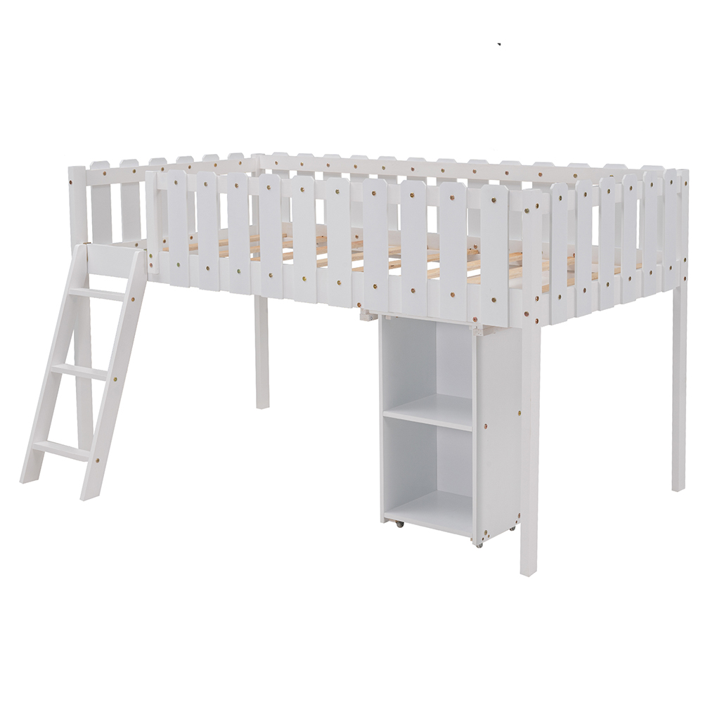 Twin Size Wooden Loft Bed Frame with Desk and Storage Cabinet for Children - White