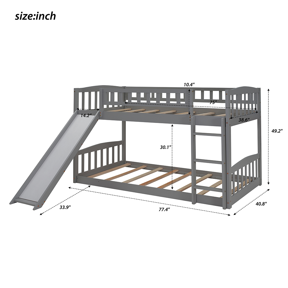 Twin-Over-Twin Size Wooden Bunk Bed Frame with Ladder, and Slide Suitable for Families with Multiple Children - Gray