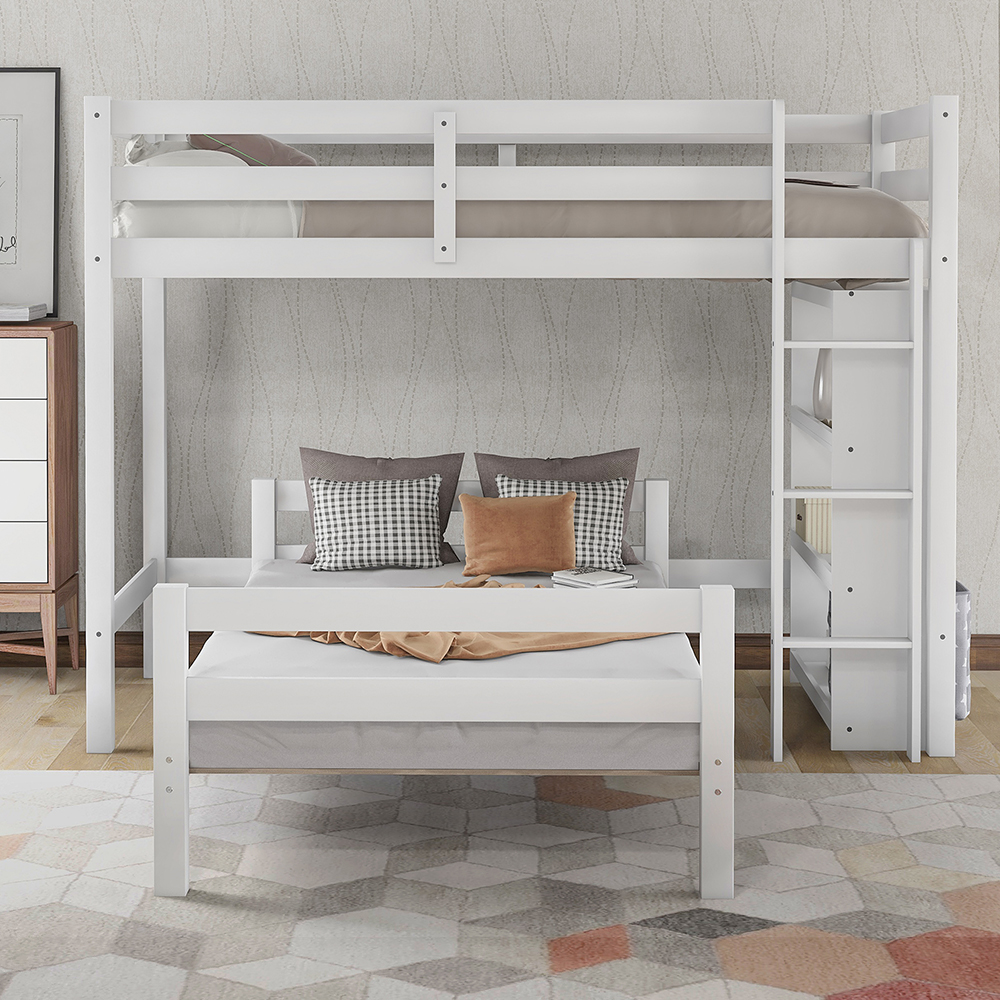 Twin-Over-Twin Size Wooden Bunk Bed Frame with 3-layer Shelf, for Families with Multiple Children - White