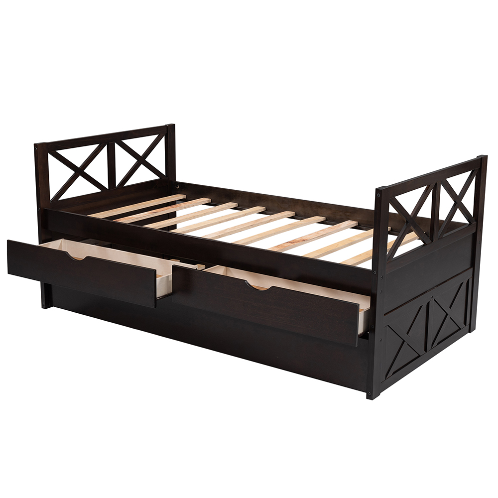 Twin Size Wooden Bed Frame with Storage Drawers and Trundle Bed Suitable for Family with Multiple Children - Espresso
