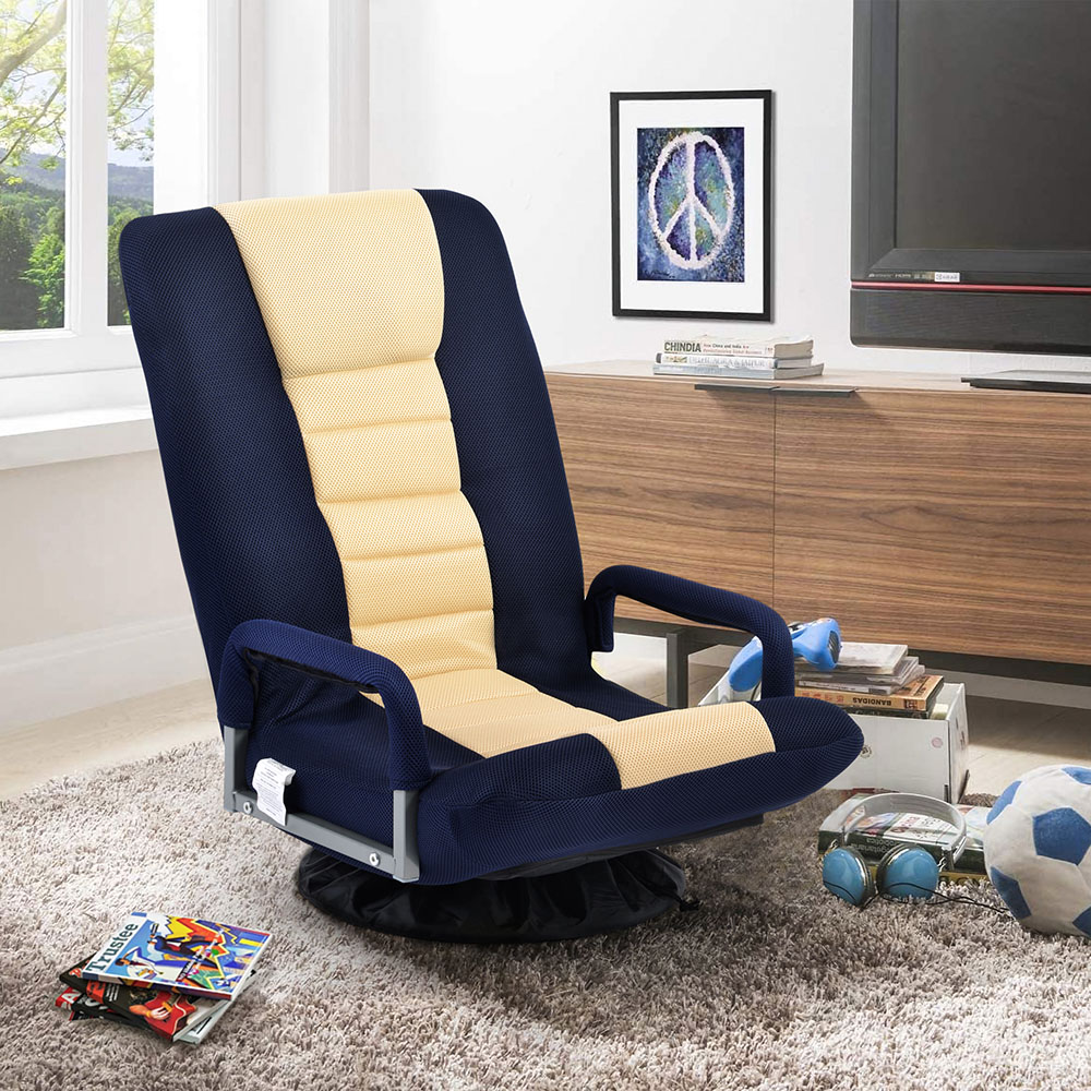 TOPMAX Folding Rocker Gaming Chair Steel Frame Linen Fabric Cover 7 Adjustment Points - Blue + Beige