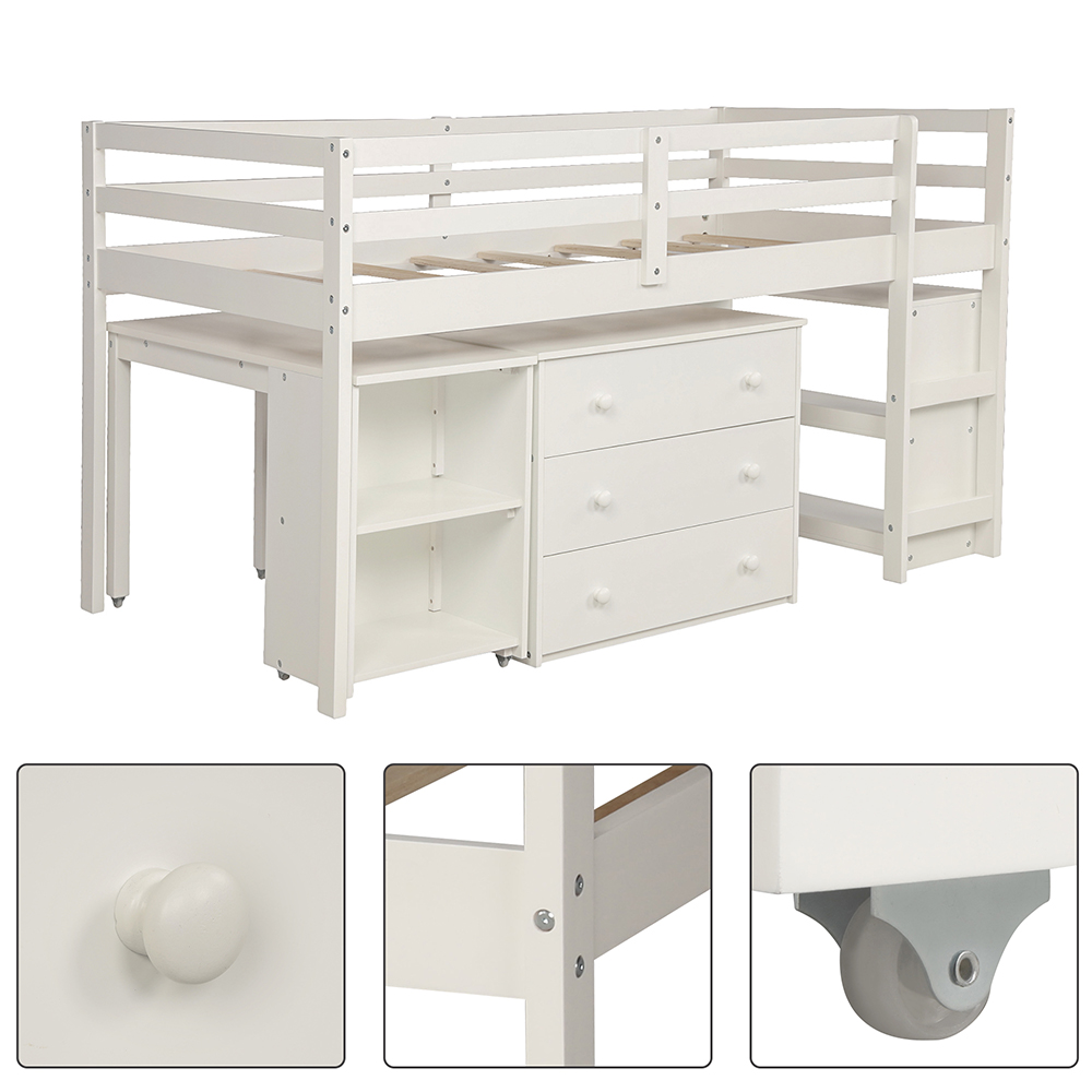 Twin Size Wooden Elevated Bed Frame with Storage Cabinet, Bookshelf, Portable Desk for Small Rooms - White