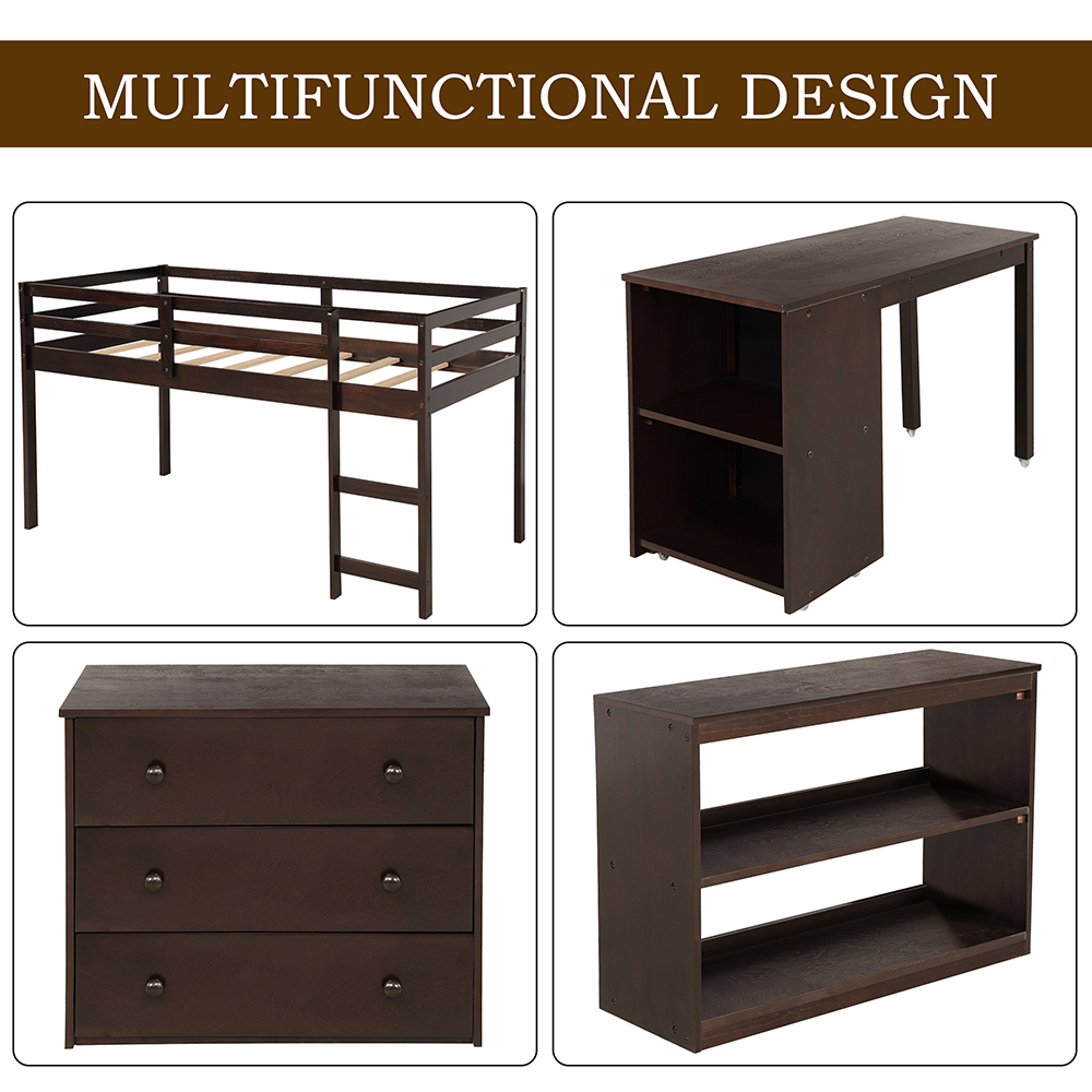 Twin Size Wooden Elevated Bed Frame with Storage Cabinet, Bookshelf, Portable Desk for Small Rooms - Espresso