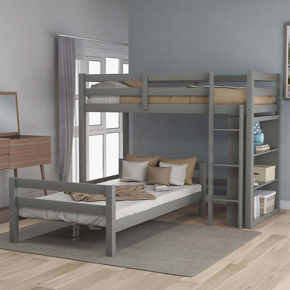 Twin-Over-Twin Size Wooden Bunk Bed Frame with 3-layer Shelf, for Families with Multiple Children - Gray