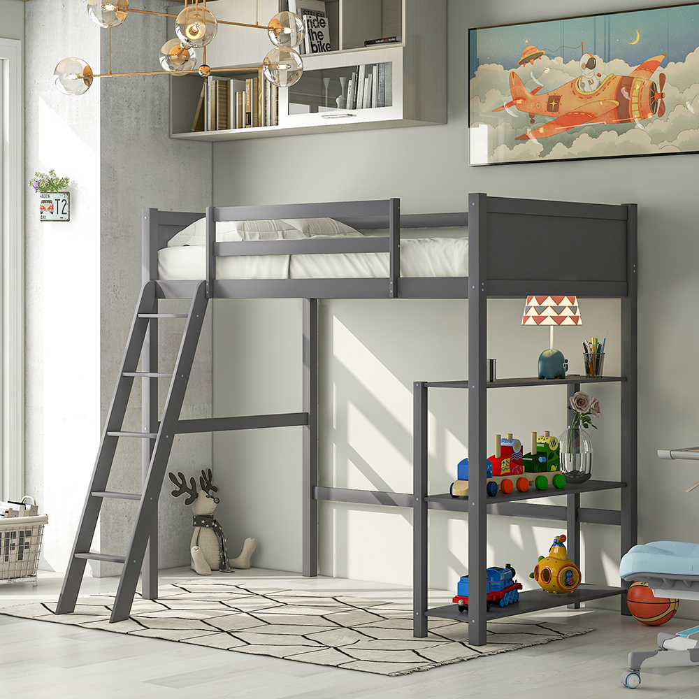 Twin Size Wooden Loft Bed Frame with Storage Shelf and Ladder Suitable for Small Rooms - Gray