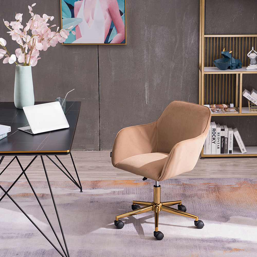 Velvet Rotating Chair Height Adjustable with Curved Backrest and Casters for Living Room, Bedroom, Office - Brown