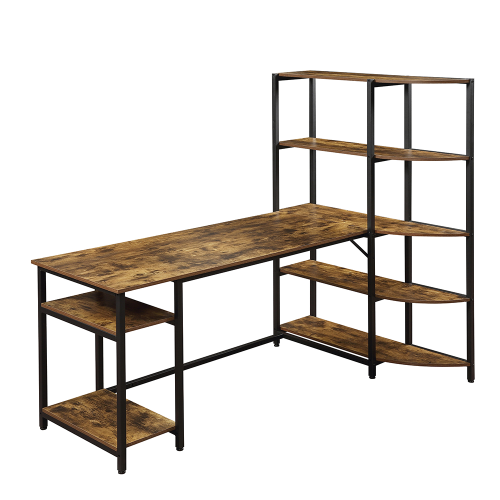 Home Office L-shaped Computer Desk with Five-layer Shelf & CPU Bracket - Brown