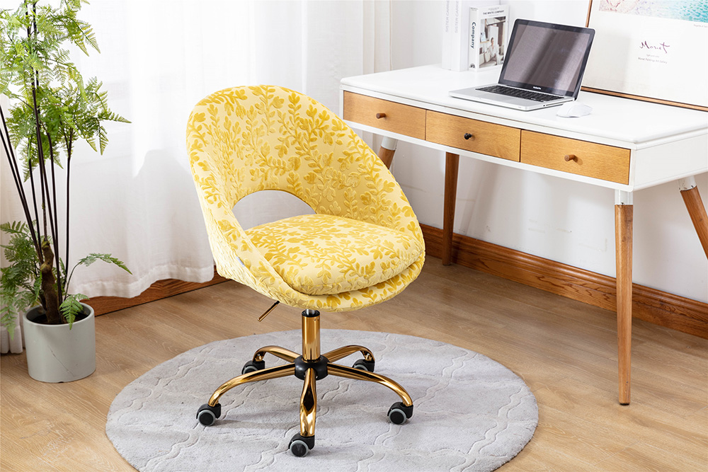 COOLMORE Velvet Rotating Chair Height Adjustable with Curved Backrest and Casters for Living Room, Bedroom, Office - Yellow