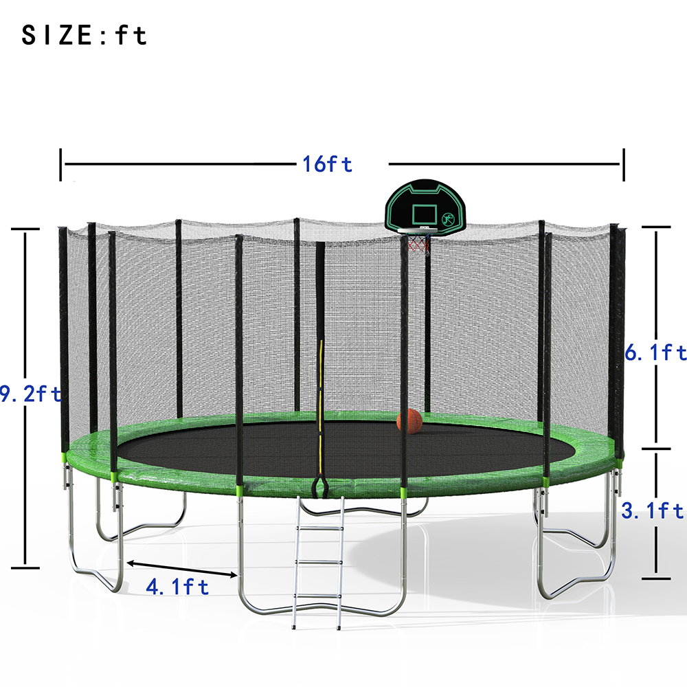 16FT Trampoline with Safety Enclosure Net & Ladder, Spring Cover Padding, Basketball Hoop - Green