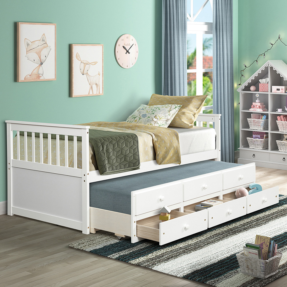 TOPMAX Captain's Twin Size Bed Frame with Trundle Bed and Storage Drawers, for Boys, Girls and Small Rooms - White