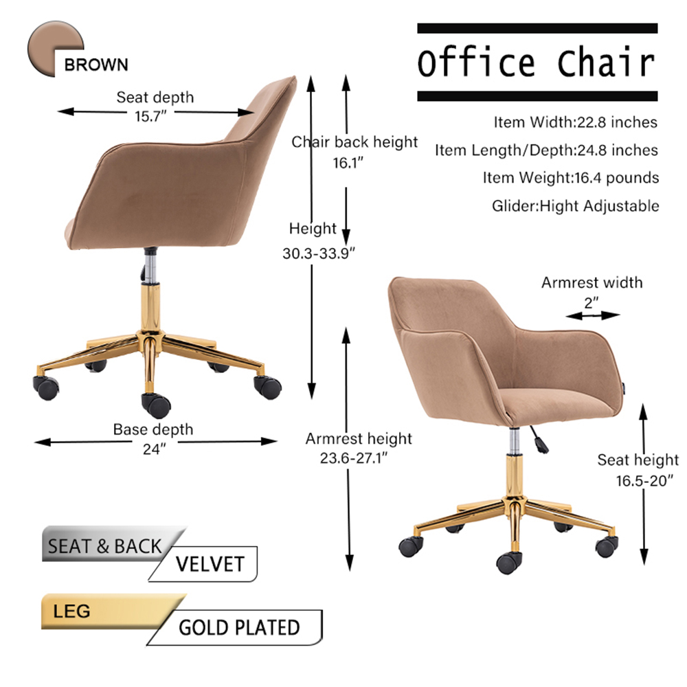 Velvet Rotating Chair Height Adjustable with Curved Backrest and Casters for Living Room, Bedroom, Office - Brown