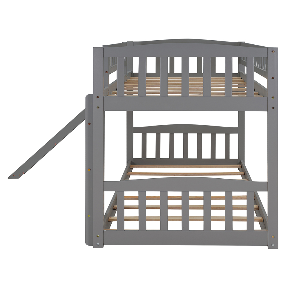 Twin-Over-Twin Size Wooden Bunk Bed Frame with Ladder, and Slide Suitable for Families with Multiple Children - Gray
