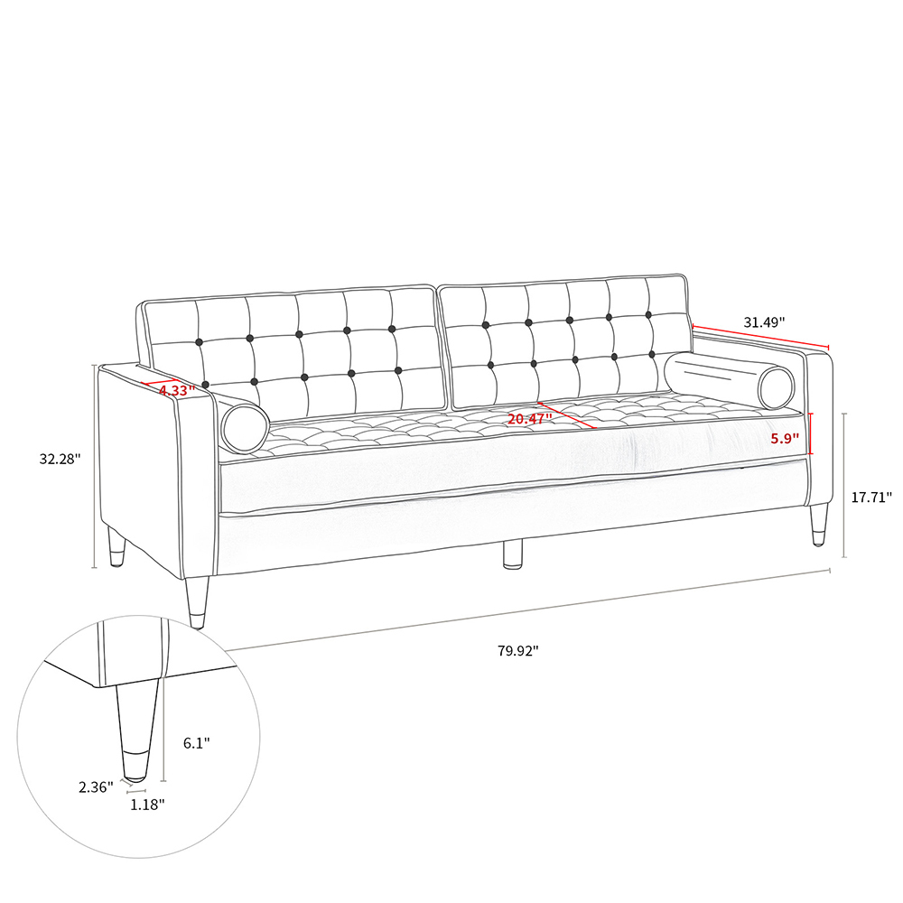 81" Dual Person Velvet Sofa Oak Wooden Legs, for Living Room, Apartment, Studio, Office - Blue