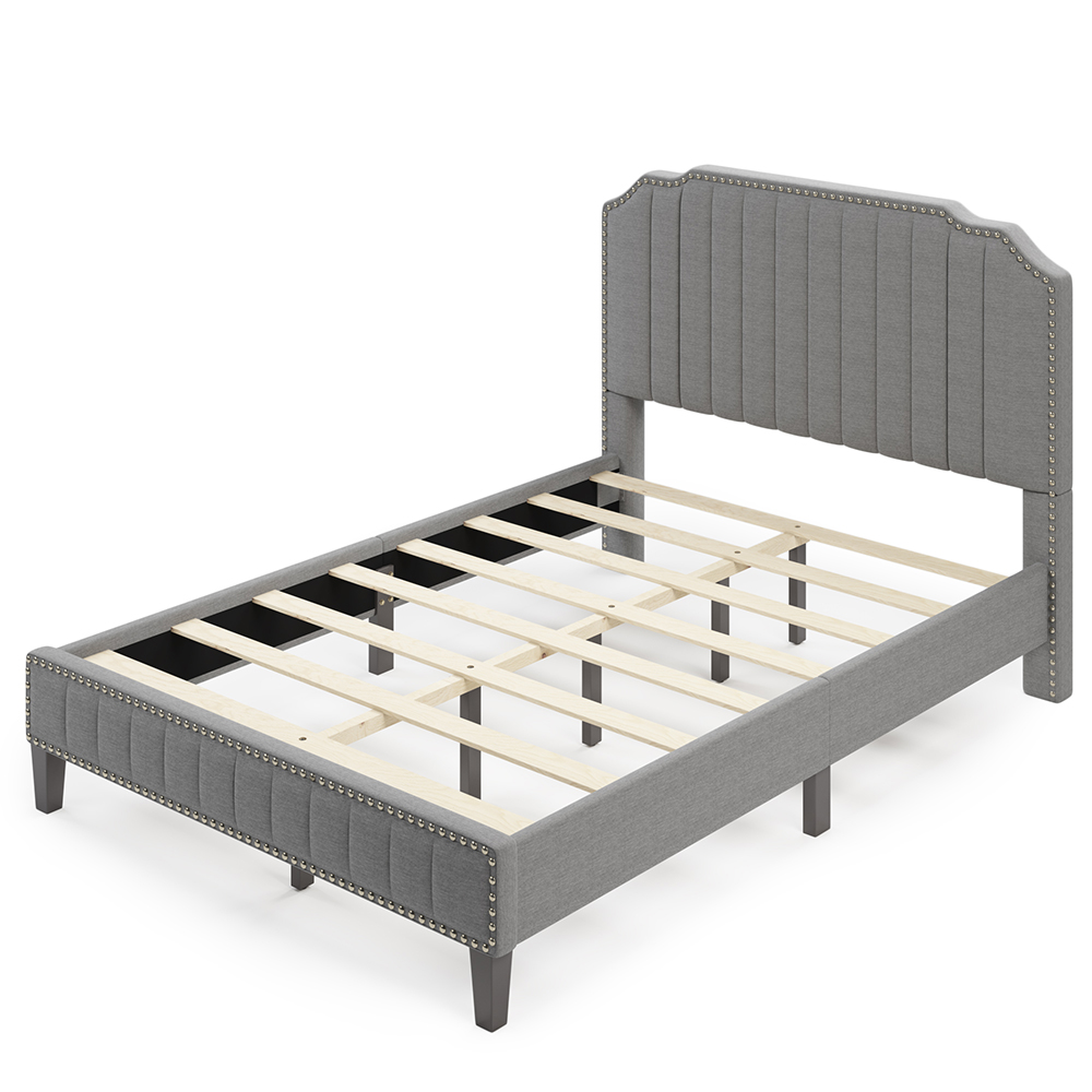 Full Size Solid Wooden Upholstered Bed Frame with Linen Headboard and Nailhead Trim - Gray