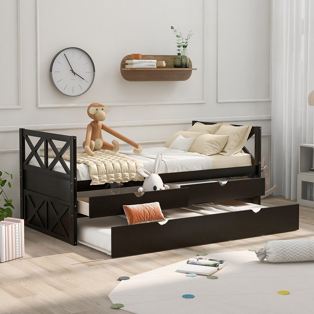 Twin Size Wooden Bed Frame with Storage Drawers and Trundle Bed Suitable for Family with Multiple Children - Espresso