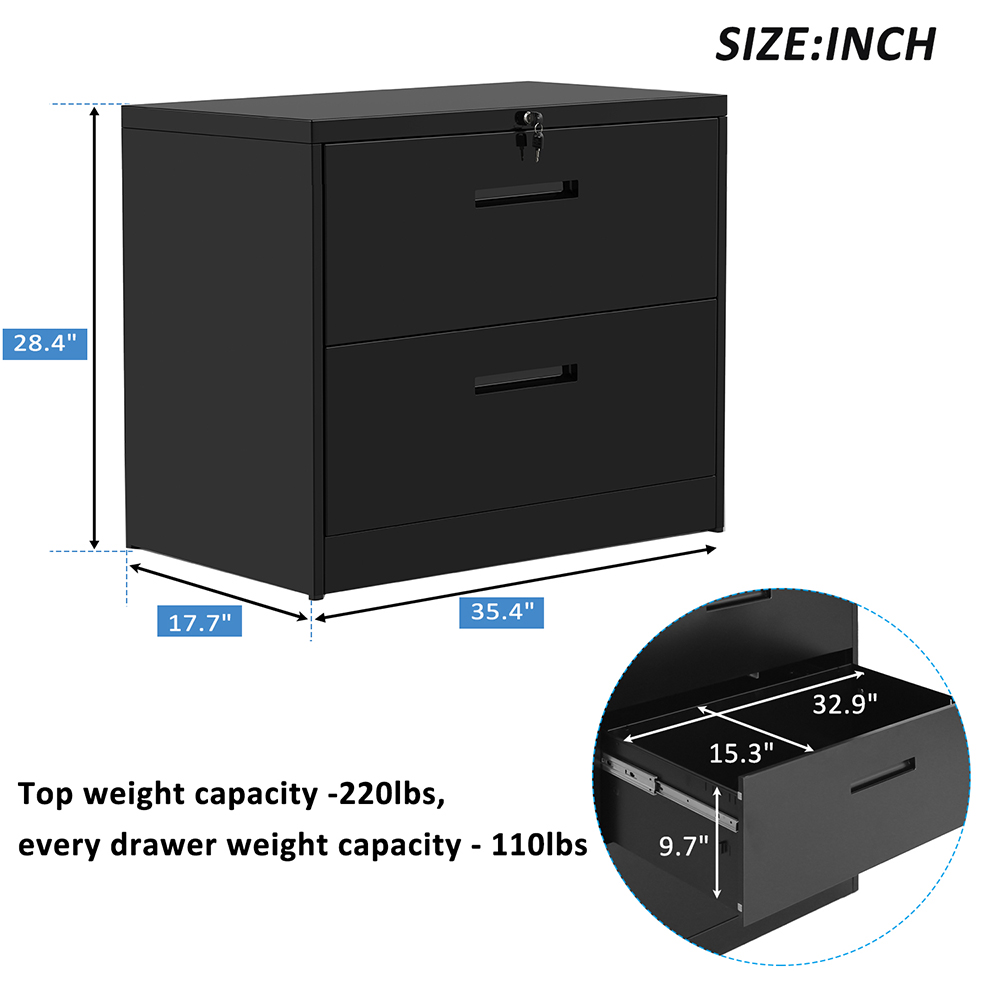 TREXM Home Office Metal Lateral File Cabinet with 2 Drawers and Lock - Black