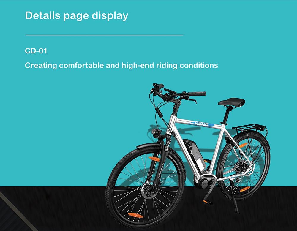 HONG CD-02 URBAN Electric Bike 700C Tire 36V 250W Mid motor Drive 25km/h Speed LG 9.6Ah Li-ion Battery Range up to 50km SHIMANO 8-speed Shift Aluminum Alloy Frame Hydraulic Disk Brake for Male
