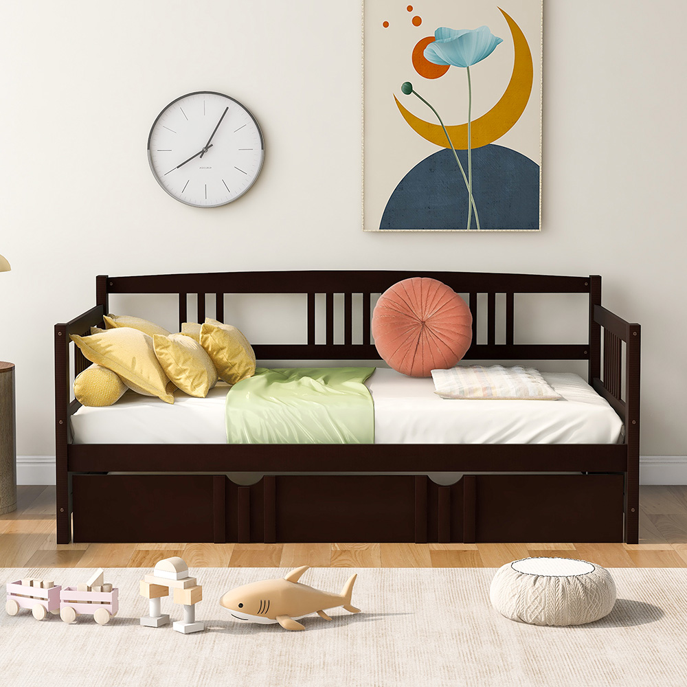 Twin Size Multifunctional Pine Sofa Bed with Hidden Casters Bed - Espresso
