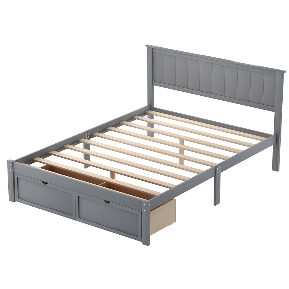 Full Size Wooden Bed Frame with Under-bed Storage Drawer - Gray