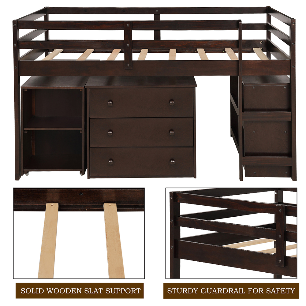 Twin Size Wooden Elevated Bed Frame with Storage Cabinet, Bookshelf, Portable Desk for Small Rooms - Espresso