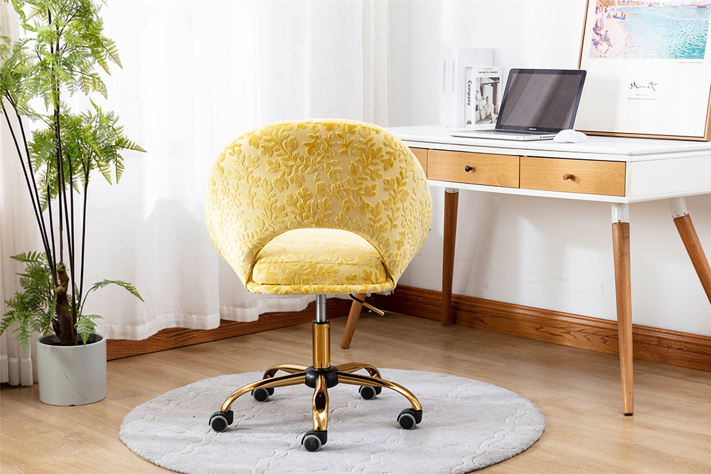 COOLMORE Velvet Rotating Chair Height Adjustable with Curved Backrest and Casters for Living Room, Bedroom, Office - Yellow