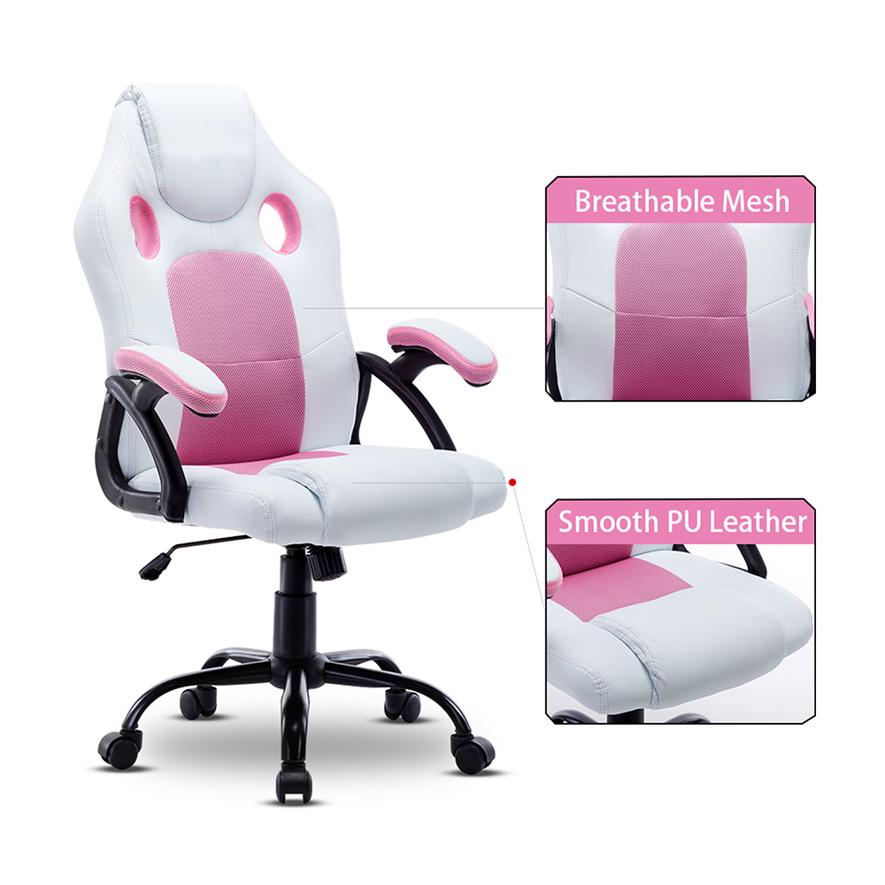 Art Life Home Office PU Leather Rotatable Gaming Chair Height Adjustable with Ergonomic Backrest and Casters - Pink + White