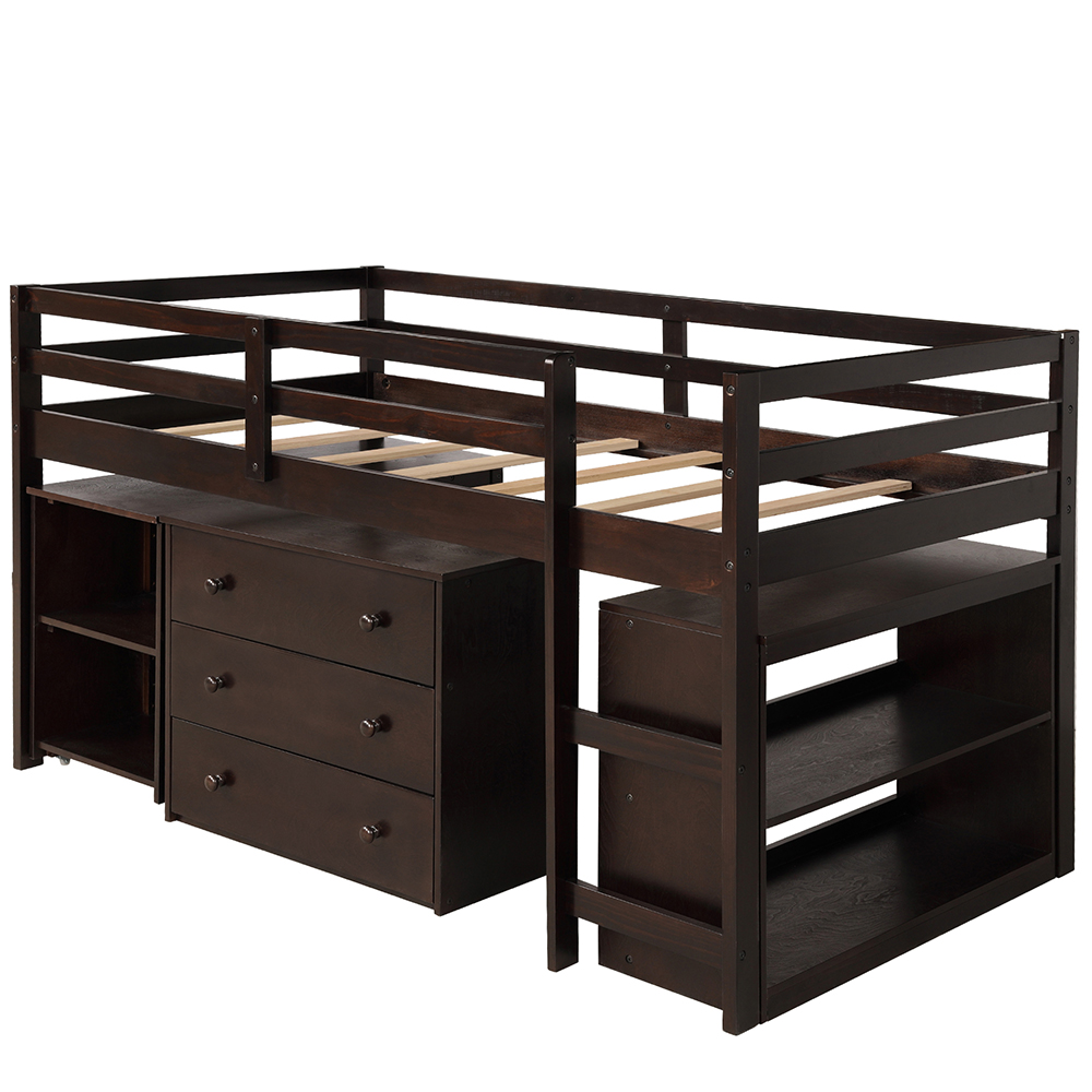 Twin Size Wooden Elevated Bed Frame with Storage Cabinet, Bookshelf, Portable Desk for Small Rooms - Espresso