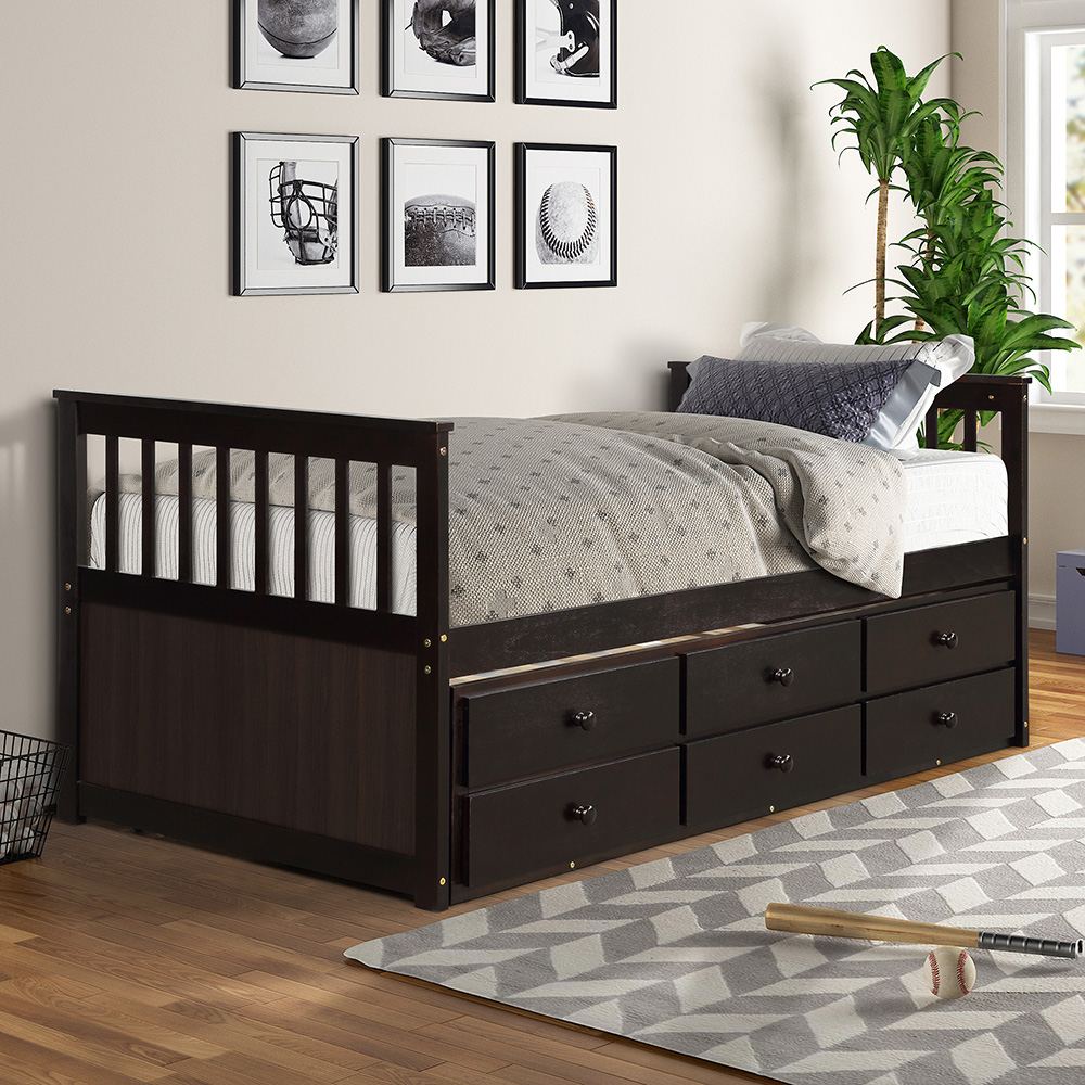 TOPMAX Captain's Twin Size Bed Frame with Trundle Bed and Storage Drawers, for Boys, Girls and Small Rooms - Espresso
